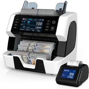 PONNOR Money Counter Machine Mixed Denomination, Serial Number, Multi Currency 2CIS/UV/IR/MG/MT Counterfeit Detection Bill Counter, Cash Counter Machine Value Counting for Business with Printer, Medium