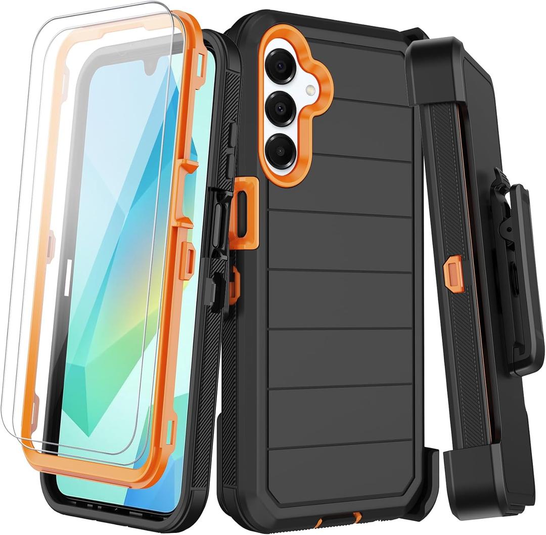 for Samsung Galaxy A16 5G Case with Belt Clip Holster,2X Screen Protectors & Kickstand,Heavy Duty Shockproof Drop Protection Bumper Military Grade Full Body Non Slip Rugged Durable Phone Cover (Black Orange#1)