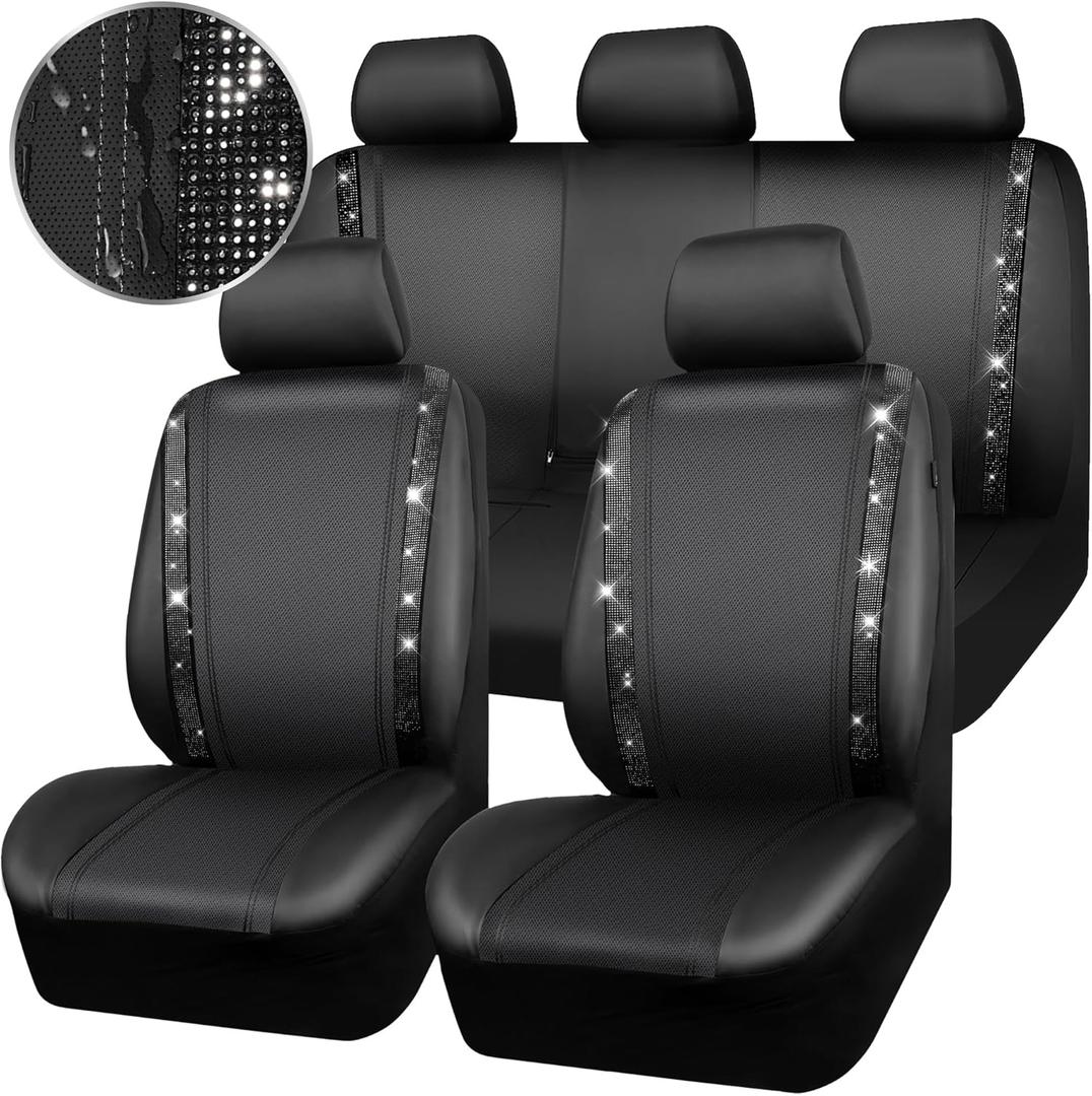 CAR PASS Leather Bling Diamond Car Seat Covers Full Set, Shining Rhinestone Waterproof Durable Rear with Zipper, Universal Fit Automotive Glitter Crystal Sparkle Strip for Cute Women Girly Black