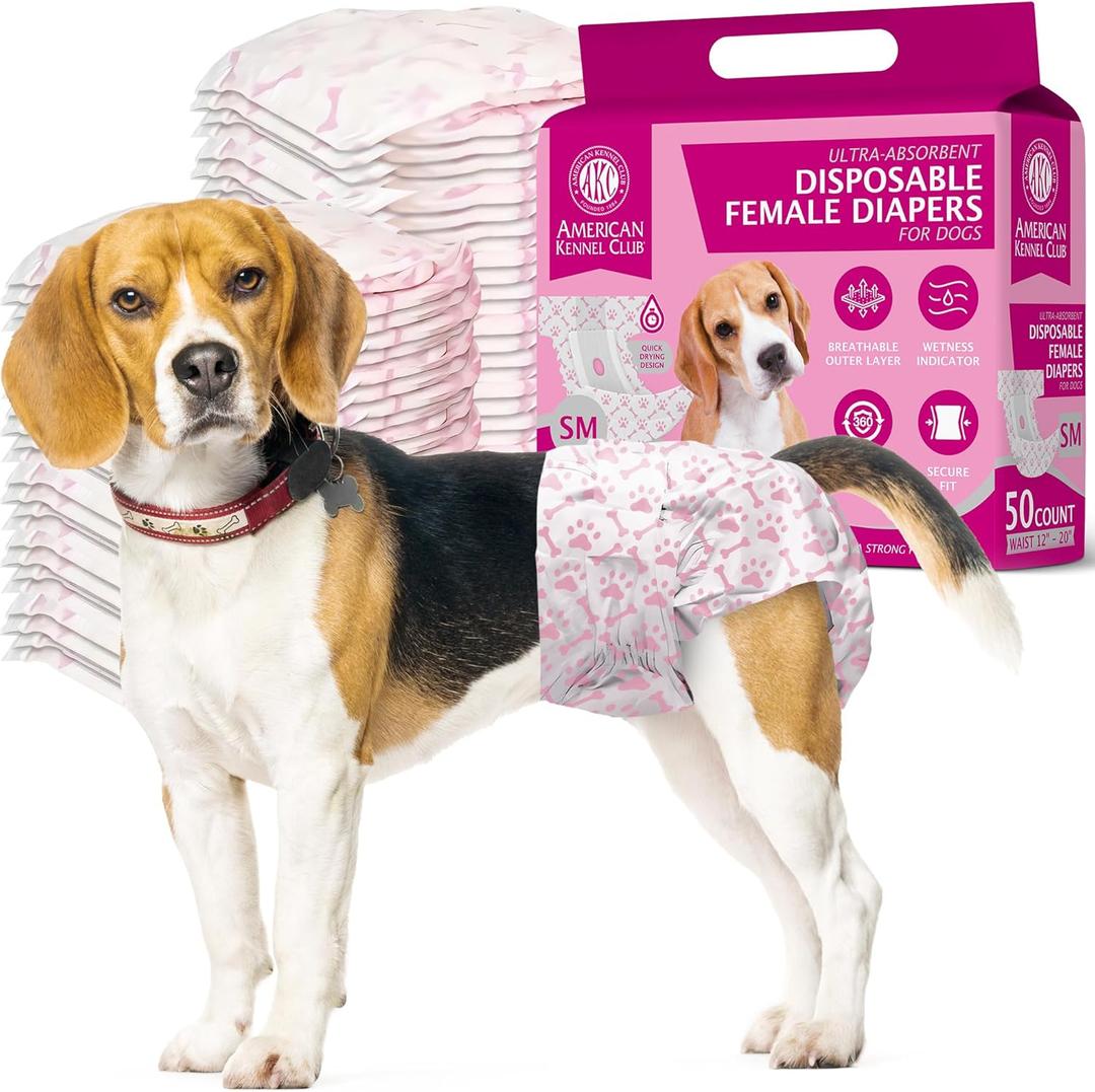 American Kennel Club Female Dog Wrap, Disposable Diapers with Wetness Indicator, Small, 50 Count (SM Waist Size 12 - 20 in)
