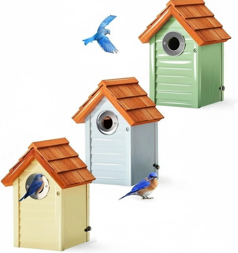3pk Bluebird Bird Houses for Outside Clearance - Bird House for Wall Mounting - Tree Swallow Nest Box with Stainless Steel Predator Guard - Cedar Shingles Roof UV Painting