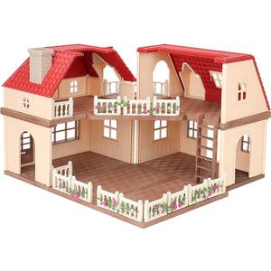Family Cozy Cabin Doll House Playset, Dollhouse Furniture and Accessories,DIY Cottage Pretend Play Dollhouses, for Toddlers, Boys & Girls