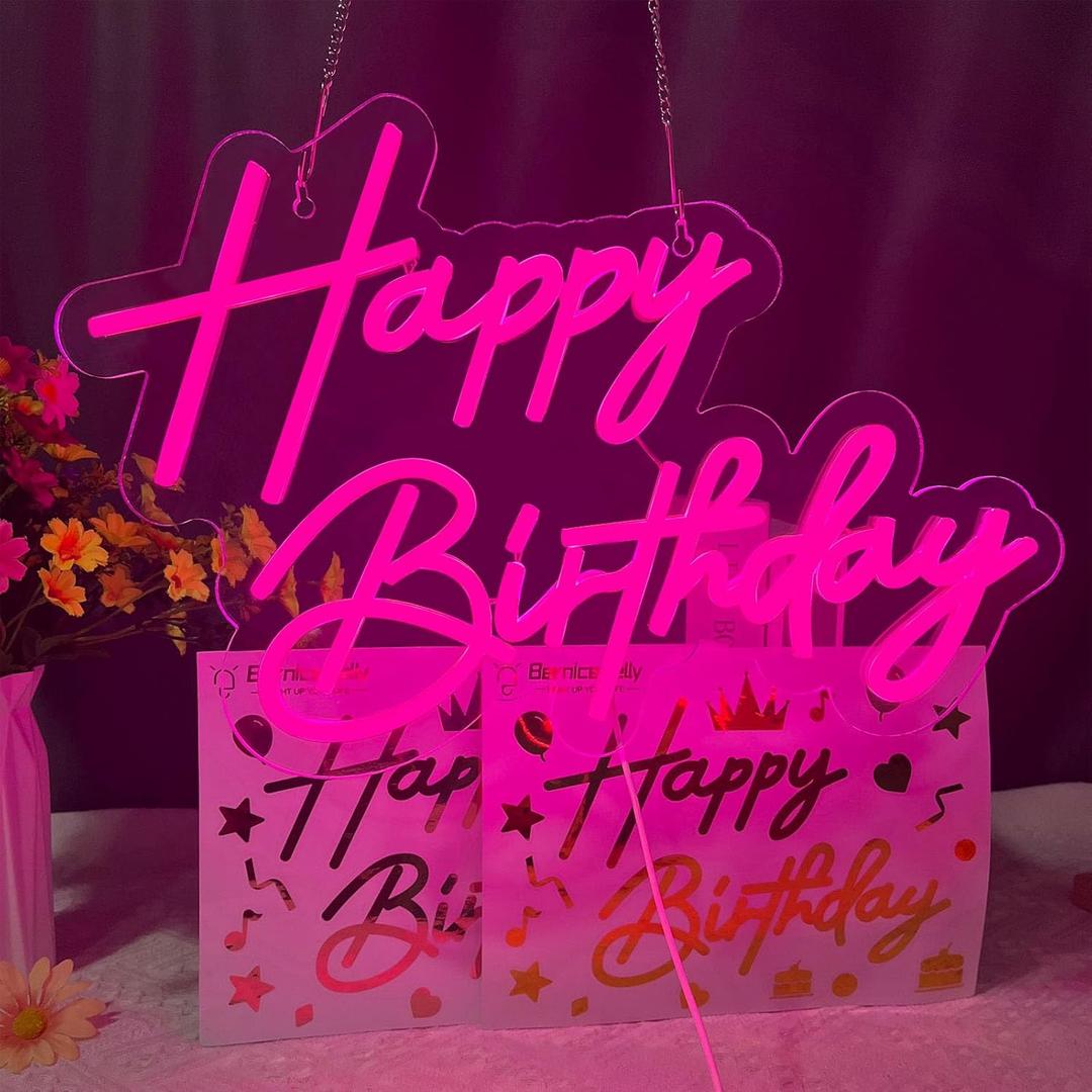 Happy Birthday Neon Sign for Wall Decor, Pink Led Neon Light Signs, Art Decoration Happy Birthday Neon Light Sign for All Birthday Party Decoration with 2 Pcs pasters (1712 Inch)