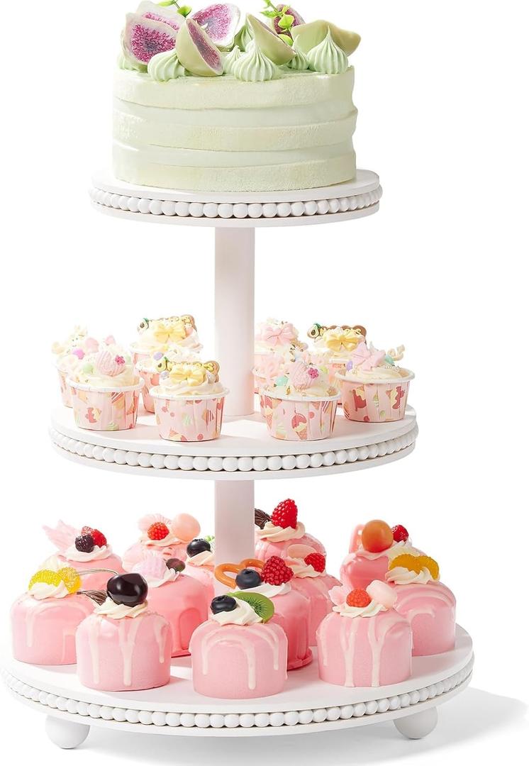VIVIRBIEN Wooden Cupcake Stand Holder3-Tierd 14in White Round Cake Stand with Beads,Dessert Table Display for 30 Cupcakes,Easy to Assemble and with Instruction,Great for Wedding/Party/Birthday/Home Decor