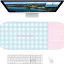 Checkered Pattern Desk Pad Protector, 35.5 x 13'' Aesthetic Mouse Mat for Desktop, Waterproof PU Leathe Non-Slip Desk Writing Pad for Office and Home, Blue and Pink
