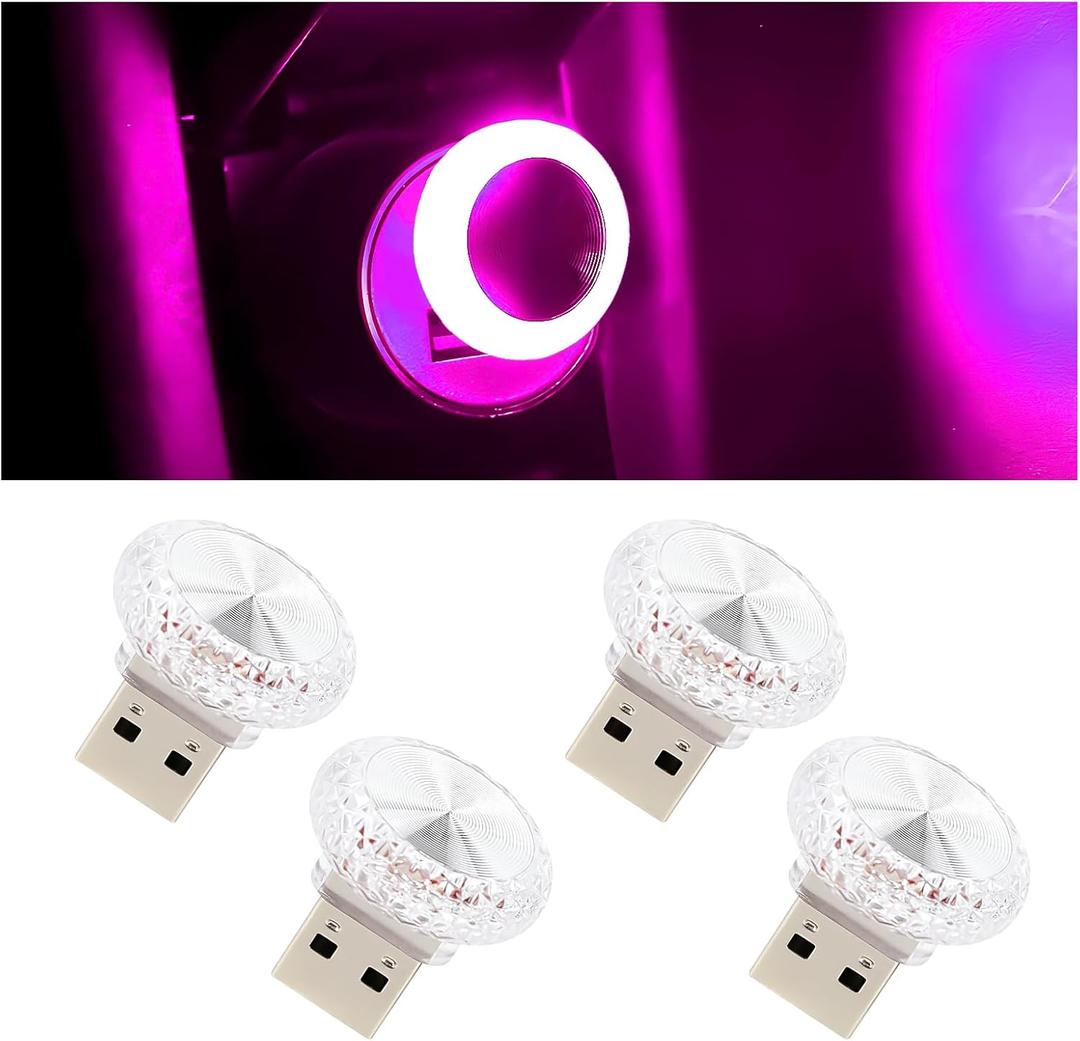 Hovom 4PCS USB LED Car Interior Atmosphere Lamp, Portable Mini Car LED Night Light Decoration, Plug-in USB Automotive Ambient Lighting Kit, Universal for Cars SUVs Trucks RVs (Pink Purple)