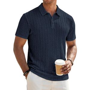 JMIERR Men's Textured Knit Polo Shirt Summer Short Sleeve Vacation Button Beach Knit Stretchy Golf Shirts, M