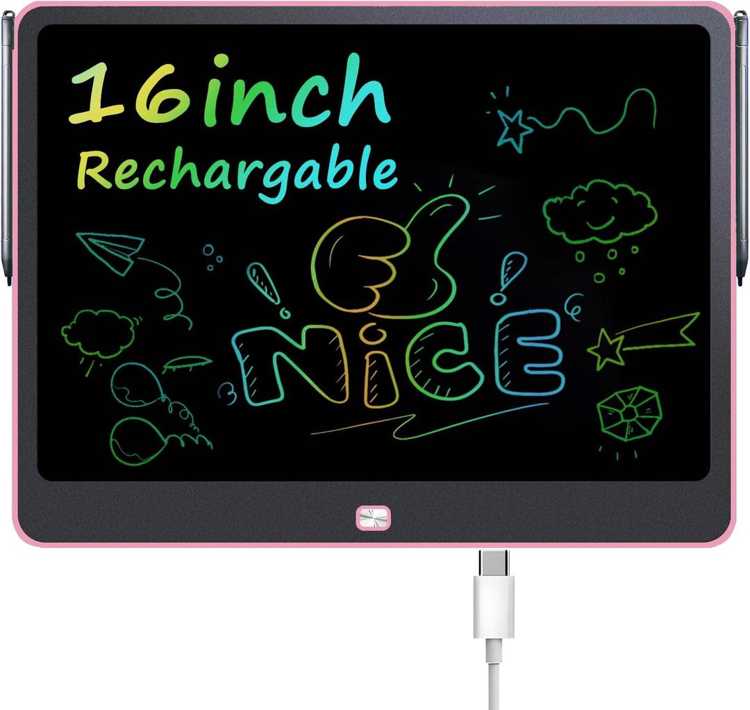 Rechargeable LCD Writing Tablet for Kids, 16 Inch Colorful Drawing Tablet, Educational Toddler Drawing Pad, Reusable Learning Toys for Kids (Ages 3-12), Ideal Gift for Christmas Birthday (Pink)