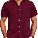 Alimens & Gentle Mens Linen Shirts Short Sleeve Button Down Shirts Wrinkle Free Casual Vacation Beach Summer Tops (Red, M)
