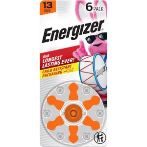 Energizer Hearing Aid Batteries Size 13, Orange Tab, 6 Pack