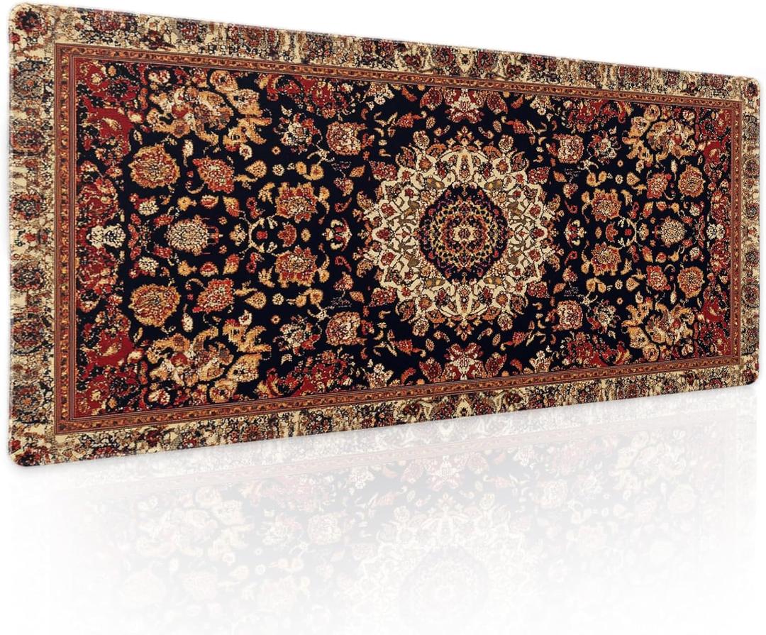 Vintage Rug Gaming Mouse Pad XL Dark Brown Retro Carpet Aesthetic Extended Large Mat Mousepad Desk Pad Non-Slip Rubber Base Stitched Edge Flower Keyboard Pad Playmat for Computer,31.511.8 Inch