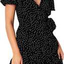 BI.TENCON Women's Summer Polka Dot Print Wrap Dresses Sexy V Neck Ruffle Short Sleeve Casual Short Dresses with Belt (X-Large, Black and White)