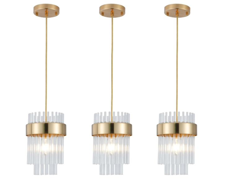 Dijiahua Pendant Lights Kitchen Island Gold 3 Pack,Crystal Pendant Light Fixtures Over Table, Mini Brass Dining Room 1Light Chandelier,Modern Adjustable Cord Hanging Lamp for Bedroom,Sink