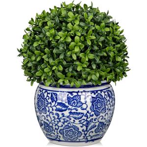 DILATATA Artificial Topiary Boxwood Ball in Blue and White Ceramic Pot, 10 Inch Artificial Boxwood in Planters Decorative Fake Greenery for Table Centerpiece Indoor Plant Home Decor - Medium