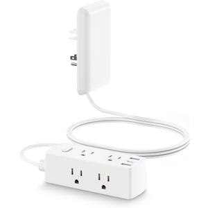 Flat Extension Cord with Outlet Cover, Olcorife Flat Plug Power Strip with 6 Outlets and 3 USB Ports, 2000 Joules Surge Protector, 5 FT Cord Hidden Outlet Extender for Tight Spaces