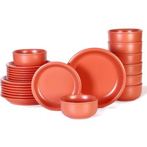 GZG Vintage Series Ceramic Dinnerware Set for 8, 24 Pieces, Terracotta Red | Stoneware Plates and Bowls Set, Lead-Free, Handcrafted Dishes Set, Microwave & Dishwasher Safe