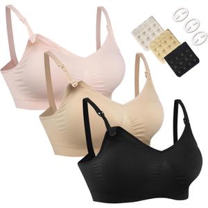 HOFISH 3PACK Full Bust Seamless Nursing Maternity Bras Bralette with Extra Bra Extenders & Clips (Large, 3pack: Pink/Black/Beige)