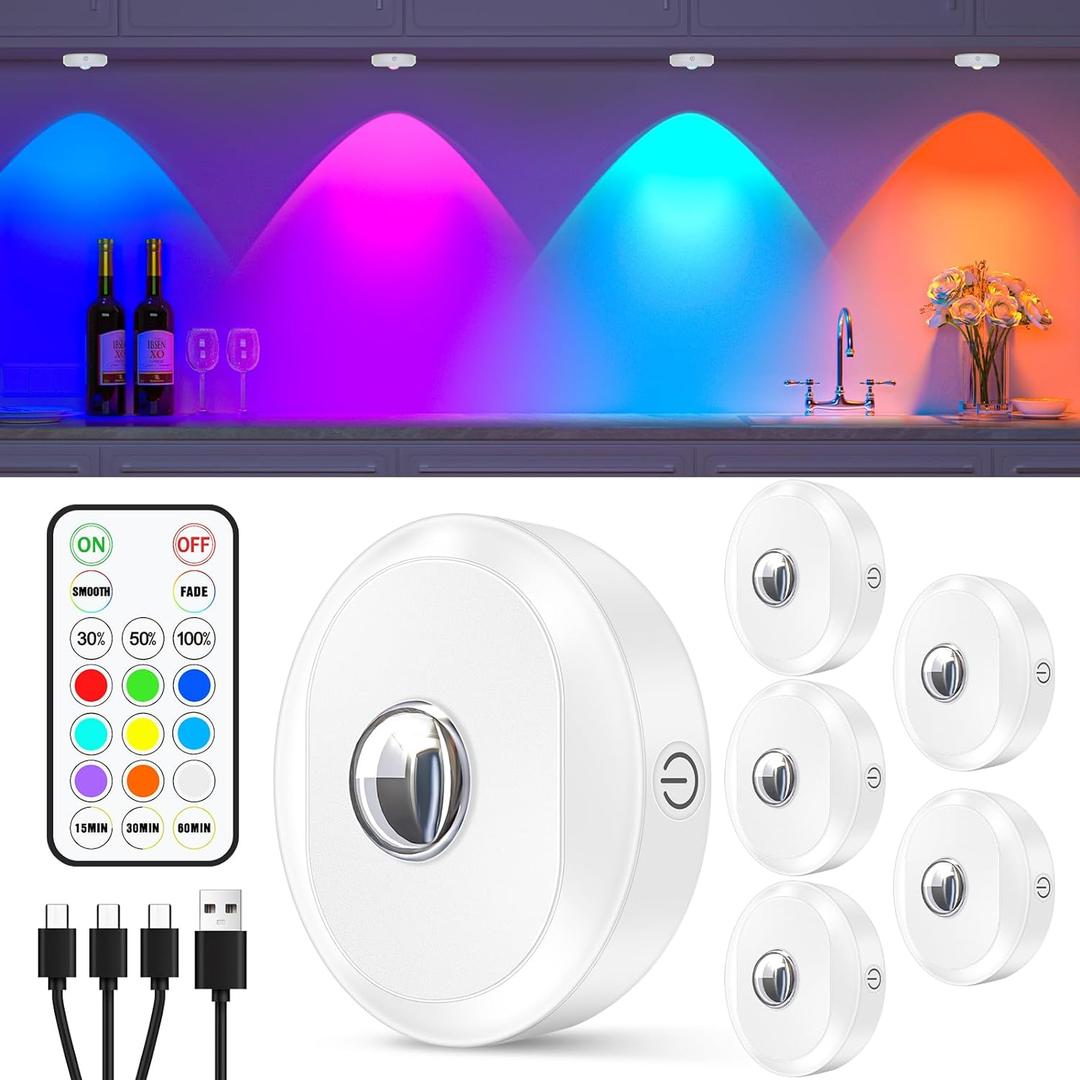 WILLED RGB Rechargeable Puck Lights with Remote Control, Under Cabinet Lighting Wireless, Dimmable Push Lights, Multicolor and Timing Function, LED Puck Lights for Kitchen, Cabinet and Shelf(6 Pack) (White)