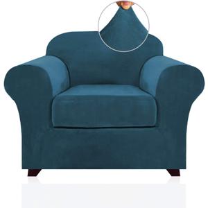PrinceDeco Velvet Plush Couch Cover Stretch 2 Piece Chair Cover Chair Slipcover Washable Furniture Protector Couch Soft with Elastic Bottom Armchair Cover Width Up to 49 Inch(Small, Deep Teal)