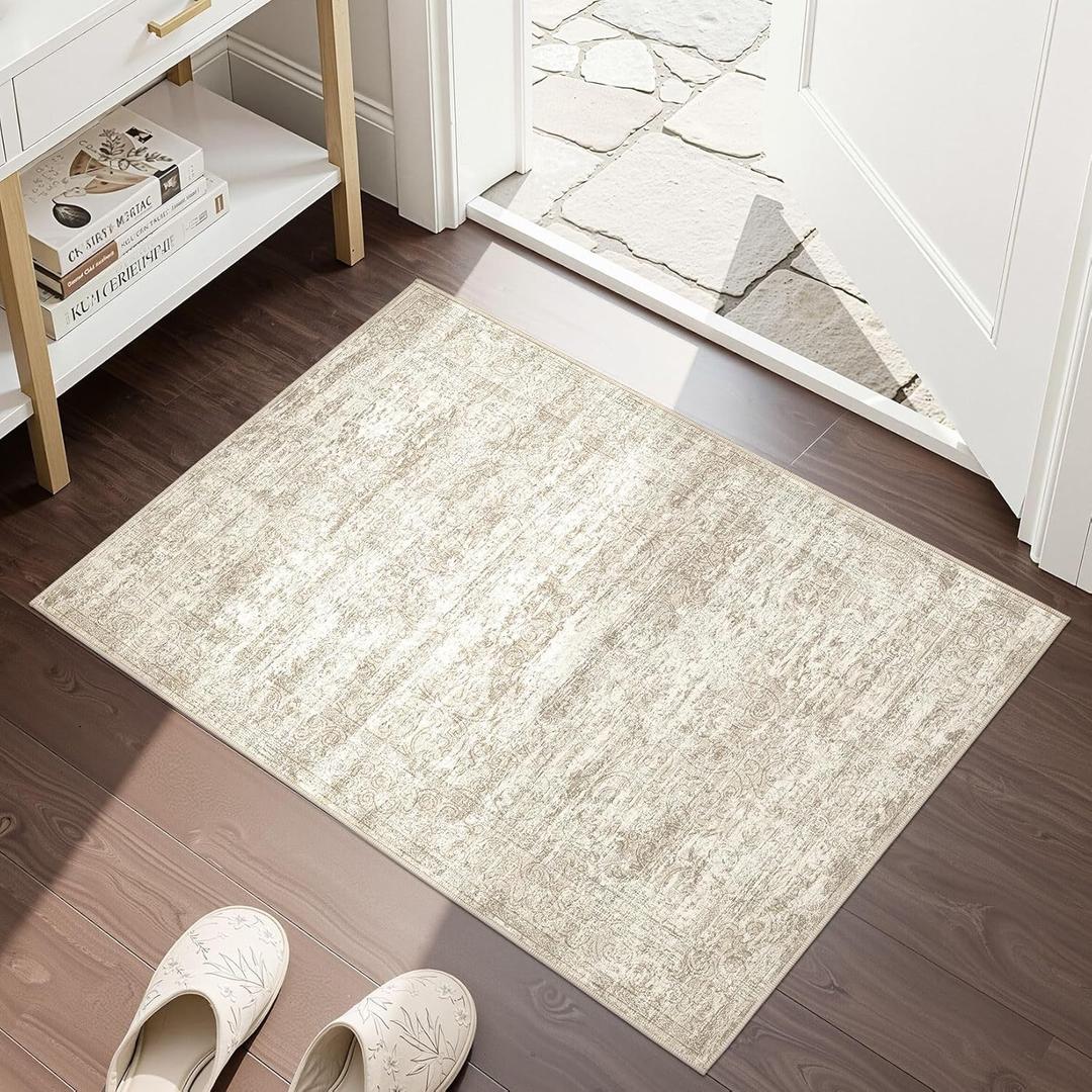 2x3 Entryway Area Rug: Washable Neutral Modern Abstract Small Rug - Non-Slip Low Pile Throw Indoor Carpet for Entrance Kitchen Front Door Mat Bathroom Entry Kids Room - Vintage Beige