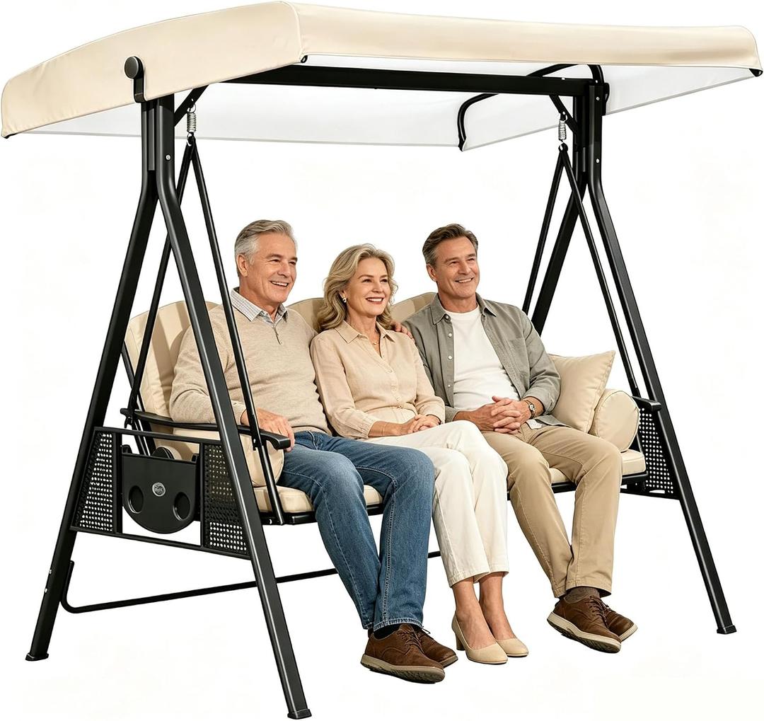 Swing Canopy Replacement Cover, 3 Seat Waterproof Outdoor Swing Covers for Outdoor Patio Swings, Universal Fit Garden Backyard Furniture Covers Porch Swings Canopy Replacement Top (Beige, Large)