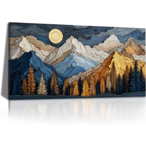 KZKU Abstract Canvas Print Mountain wall art for living room Blue and Gold Sunset Landscape Pine Tree Forest Pictures Bedroom dining room Office Kitchen Decor 20X40inch