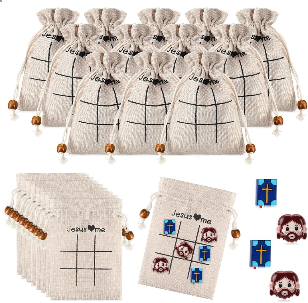 Gerrii Christian Gifts Tic Tac Toe Game for Kid Religious Favors with Jesus Bible Pieces Burlap Drawstring Bags Inspirational for Students Sunday School Church Supplies(12 Sets)