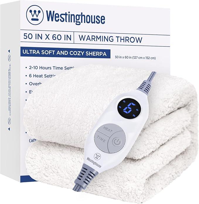 Westinghouse Electric Blanket Throw Size, Soft Plush Sherpa Heated Blanket with 6 Heating Levels & 2-10 Hours Auto-Off, Machine Washable, 50x60 inches, Ivory