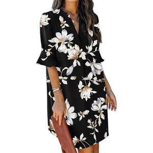 QACOHU Summer Dresses for Women V Neck Ruffle Short Sleeve Casual Shift Dress (XX-Large, Black Flower)