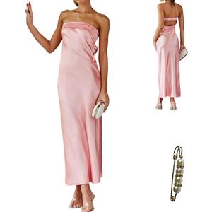 Yazinie Satin Tube Sexy Backless Formal Wedding Guest Evening Party Maxi Dresses Gala Dress, Small