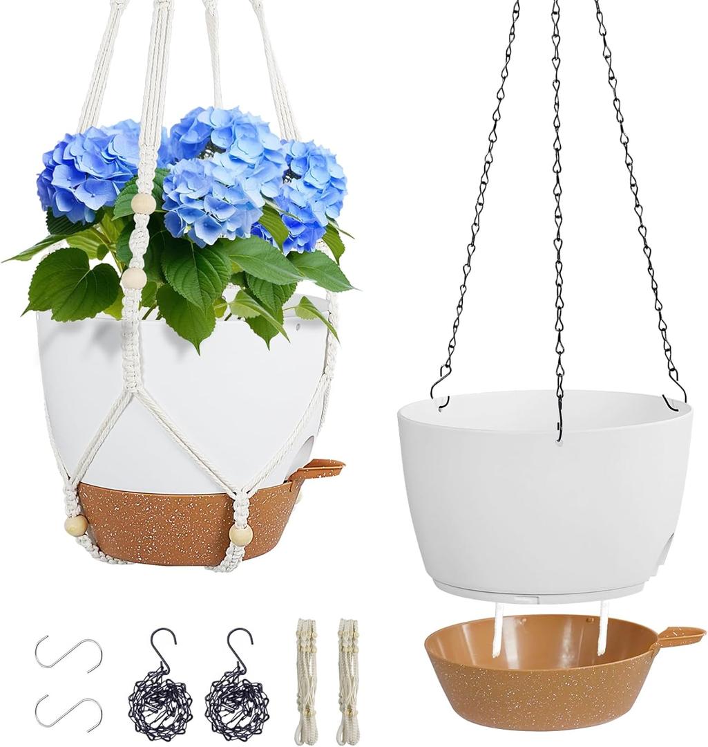 Meowell 10 inch Self Watering Hanging Planters, 2 Pack Hanging Baskets for Indoor Outdoor Plants, Hanging Flower Pots with Drainage Holes & 2 Kinds of Plant Hangers for Garden Home Dcor, White Brown