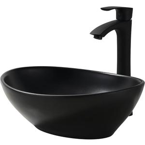 16x13 Matte Black Vessel Sink With Faucet and Drain Combo - Oval Porcelain Ceramic Above Counter Bathroom Sink