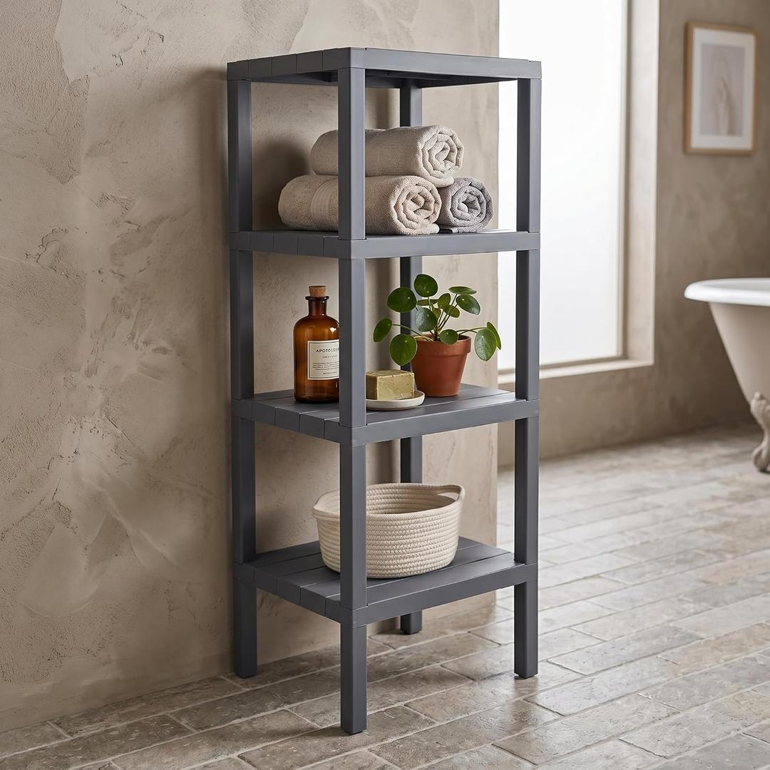 Honey-Can-Do Grey 4-Tier Storage Shelf
Waterproof resin shelving for pantry, bathroom, closet or office; tool-free assembly; holds 88 lbs; 13W x 15.2D x 38.6H in.