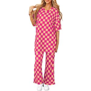 Opemiby Two Piece Sets for Women Spring 2026 Short Sleeve Top and Wide Leg Pants Matching Set Ribbed Summer Vacation Outfits Rosy XL