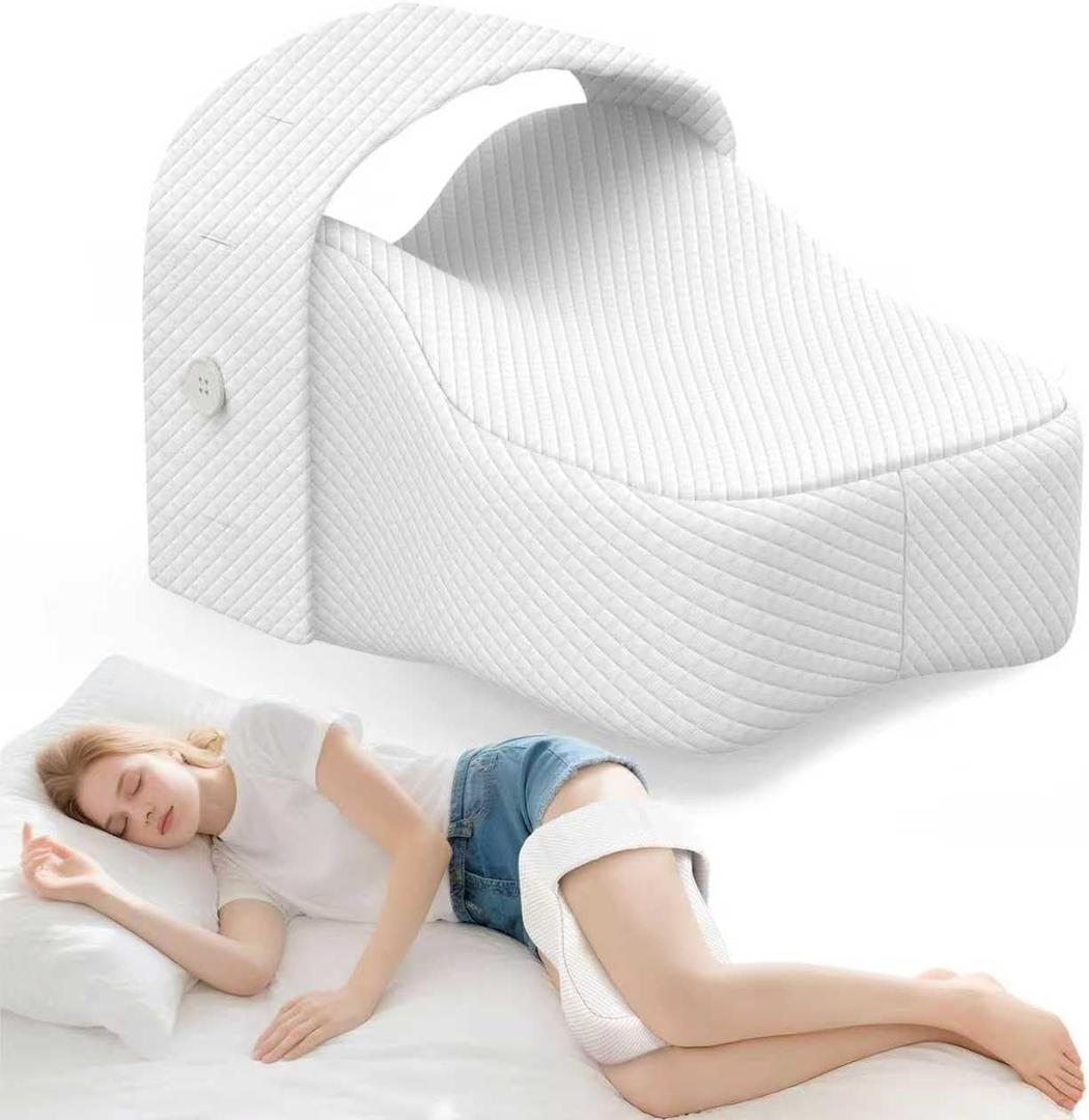 Knee Pillow for Side Sleepers with Adjustable Strap  Memory Foam Leg Cushion, Comfortable Sleeping Support for Sciatica Relief, Back, Hip, Knee & Joint Pain, Spine Alignment (White)