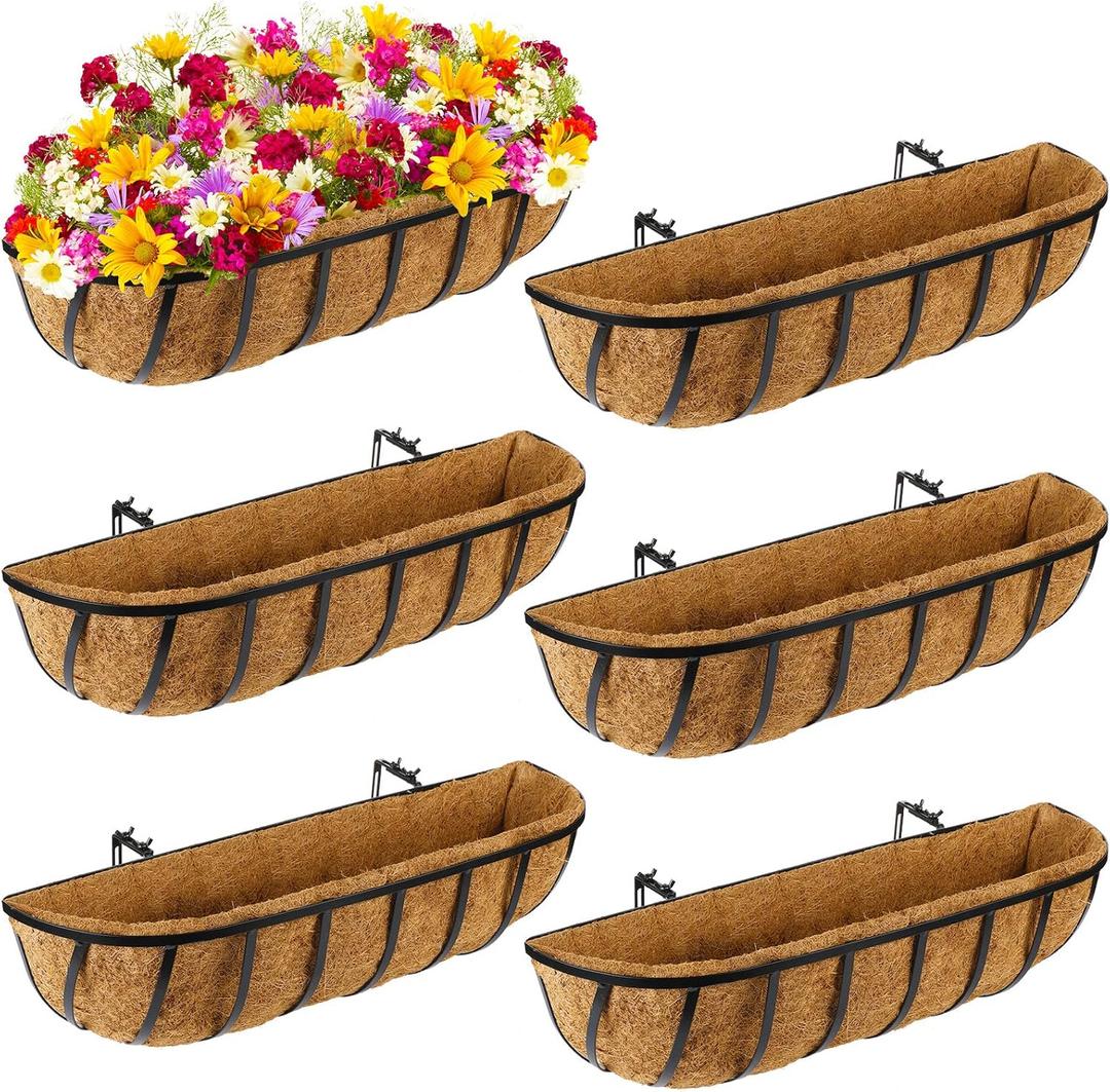 Tessco for you 6 Pieces Railing Planter Boxes, 24 Inches Window Box Planters with Coco Liner and Adjustable Brackets for Deck Porch Fence Patio Balcony Gardening Outdoor Plants