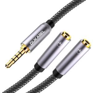 DUKABEL Long Headphone Splitter (4ft / 1.2m) Shielded 4-Pole TRRS 3.5 Y Splitter Cable 2-Way Female to Male Headphone Adapter Stereo Audio/Crystal-Nylon Braided / 24K Gold Plated / 99.99% 4N OFC