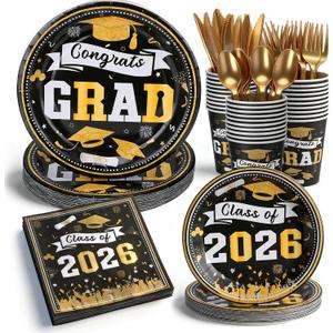 210Pcs Graduation Decorations 2026, Black and Gold Graduation Plates and Napkins Set for 30 Guests, Disposable Dinnerware, Dessert Plates and Forks, Graduation Birthday Party Tableware Supplies