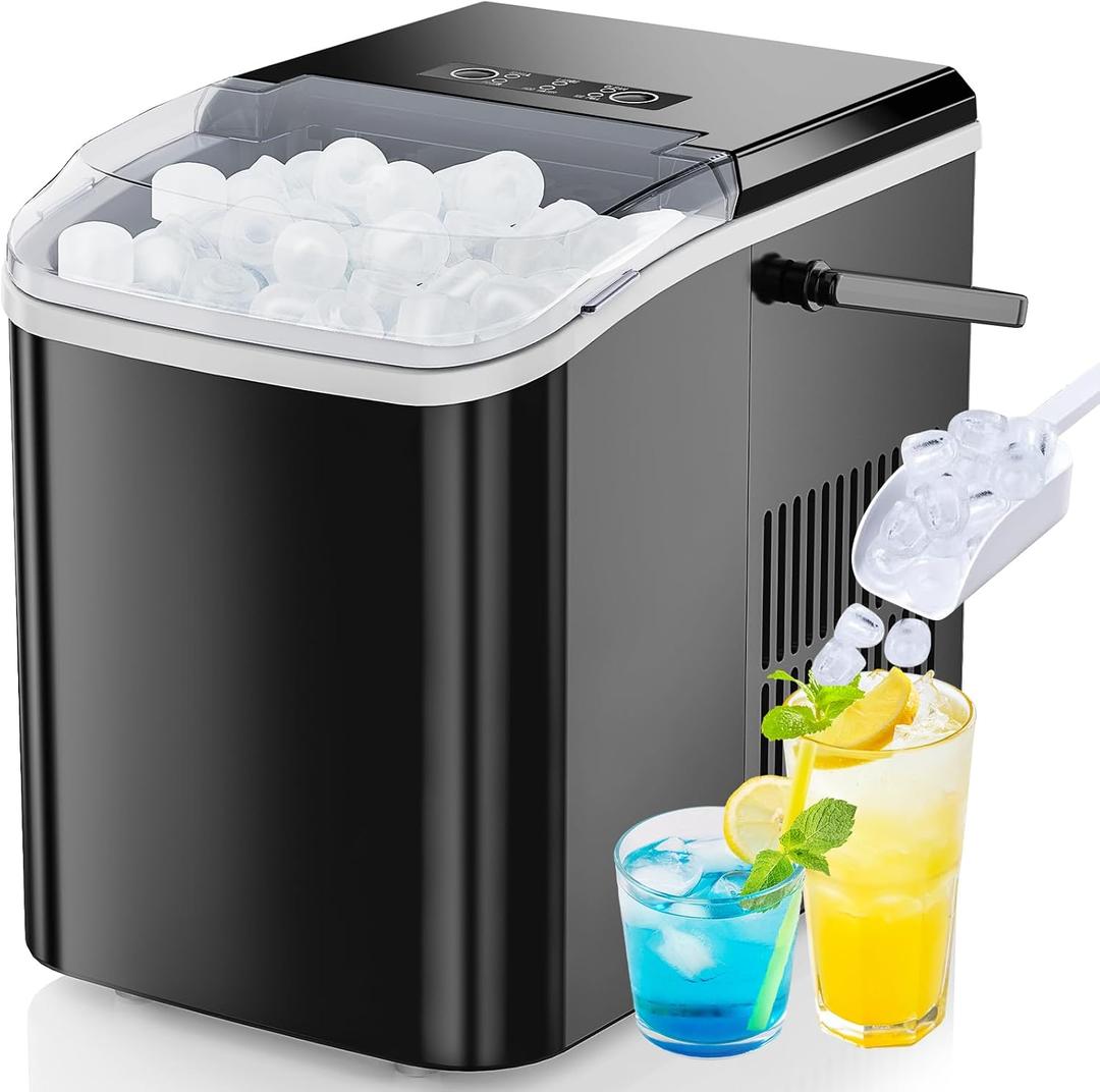 DUMOS Countertop Ice Maker with Handle, 26lbs/24H Portable Ice Machine, 9 Bullet Cubes Ready in 6 Mins, Self-Cleaning, Quiet Compact for Home, Kitchen, RV, Camping, Bright Black