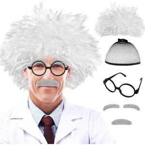 6 PCS Old Man Mad Scientist Wig Set,Crazy Old Man Physicist Wig Costume,Dressing up Grandpa Costume for Kids 100th Day of School,Cosplay Party Wig,Eyebrows,Mustache,Glasses Set