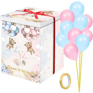Hungdao Gender Reveal Balloon Box with Ribbon and 10 Pink and Blue Balloons Gender Reveal Games He or She Open to See for Party Decoration 12"x12"x16"(Boho Bear)