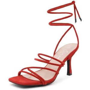 Shoe Land Women's Strappy Heels – Square Open Toe Lace-Up Heeled Sandals with Adjustable Ankle Wrap, Comfy 3-Inch Stiletto Dressy Evening High Heels for Wedding & Party Size:9.0