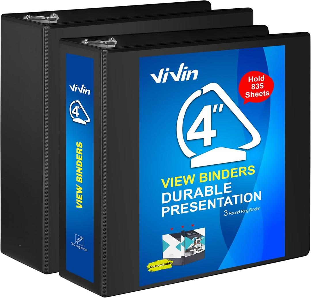 ViVin Durable 4 inch D Ring View Binder, Large 5" Slant-D Ring with 950-Sheet Capacity, Fit 8.5" x 11" Paper, 2 Pack(Black)