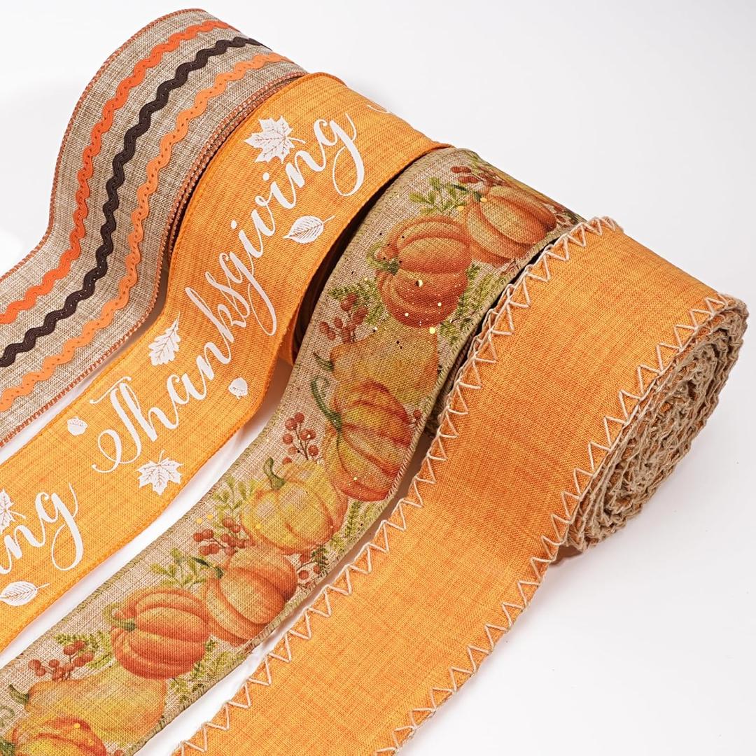 LaRibbons Thanksgiving Ribbon Wired 2 1/2" x 6 Yards 4 Rolls, Harvest Pumpkins Ribbon for Autumn Wreath Farm Gift Wrapping Fall Decor