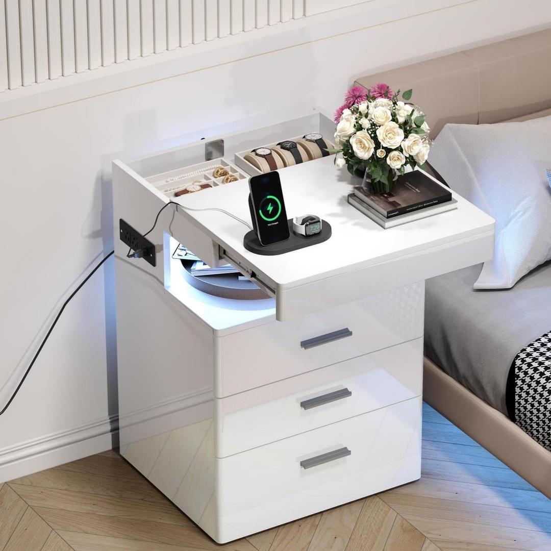 Treocho Led Nightstand with Hidden Space & Charging Station, 15.75 x 16.93 x 26.77 inch