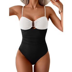 Eomenie One Piece Swimsuit for Women Tummy Control Ruched Bathing Suit Cutout U Wire Swim Suits (Large, Black White Block)