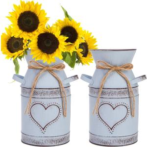 Dicunoy 2 PCS Metal Milk Can Jug, 7.5" Rustic Flowers Vases, Vintage Galvanized Farmhouse Bucket, French Shabby Chic Decor for Dried Floral Arrangements, Home, Christmas, Wedding Table Centerpiece