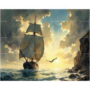 Sailing Paint by Numbers Kit for Adults - DIY Tall Ship at Sunset Painting on Canvas, Acrylic Paint Set, Suitable for Beginners, Nautical Art for Home Decoration or Gifts(16X20IN Framed)