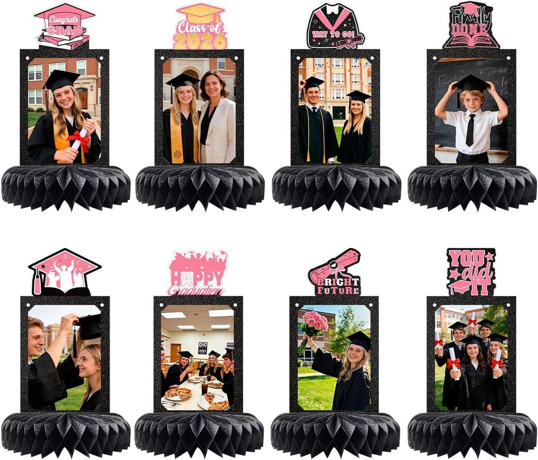 Yigney 8 Sets of 2026 Graduation Decorations - Graduation Table Decorations Honeycomb Centerpieces for 6 Inch Photo Frame Toppers 2026 Congratulate Graduations Party Decor Favor Supplies