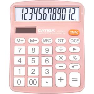 CATIGA 12 Digits Desktop Calculator with Large LCD Display and Sensitive Button, Dual Solar Power and Battery, Standard Function for Office, Home, School, CD-2786(Light Pink)